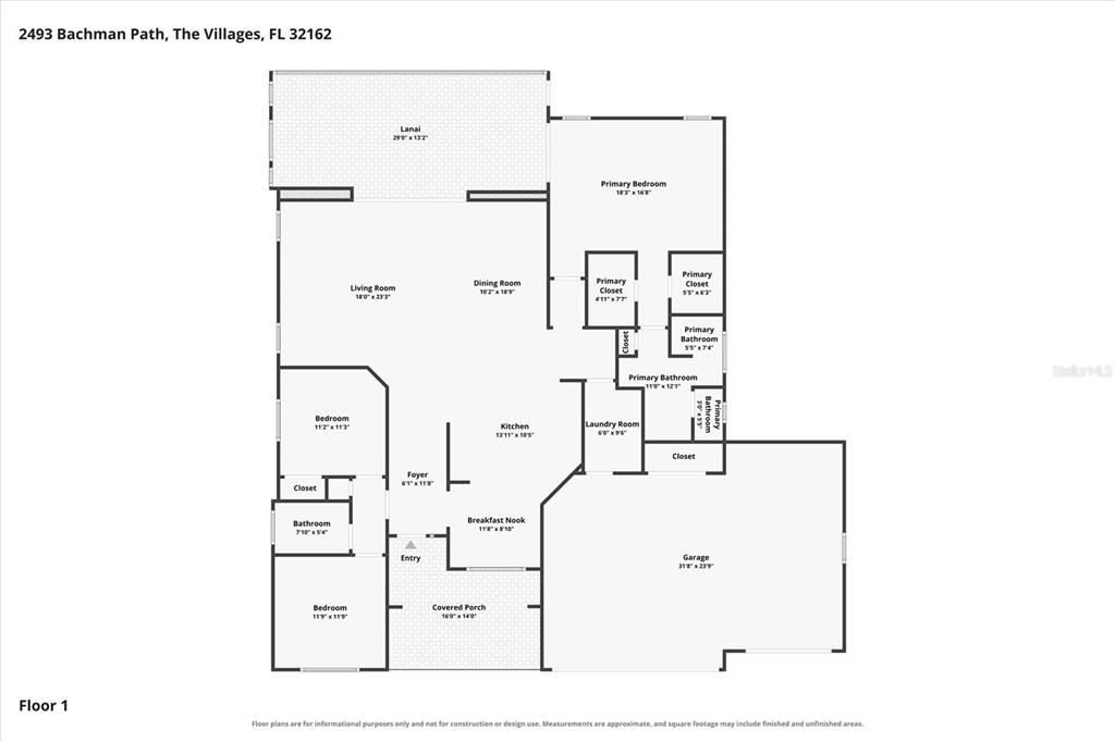 This is a floor plan for a single-story house with a garage and a lanai — 2493 BACHMAN PATH, THE VILLAGES, FL