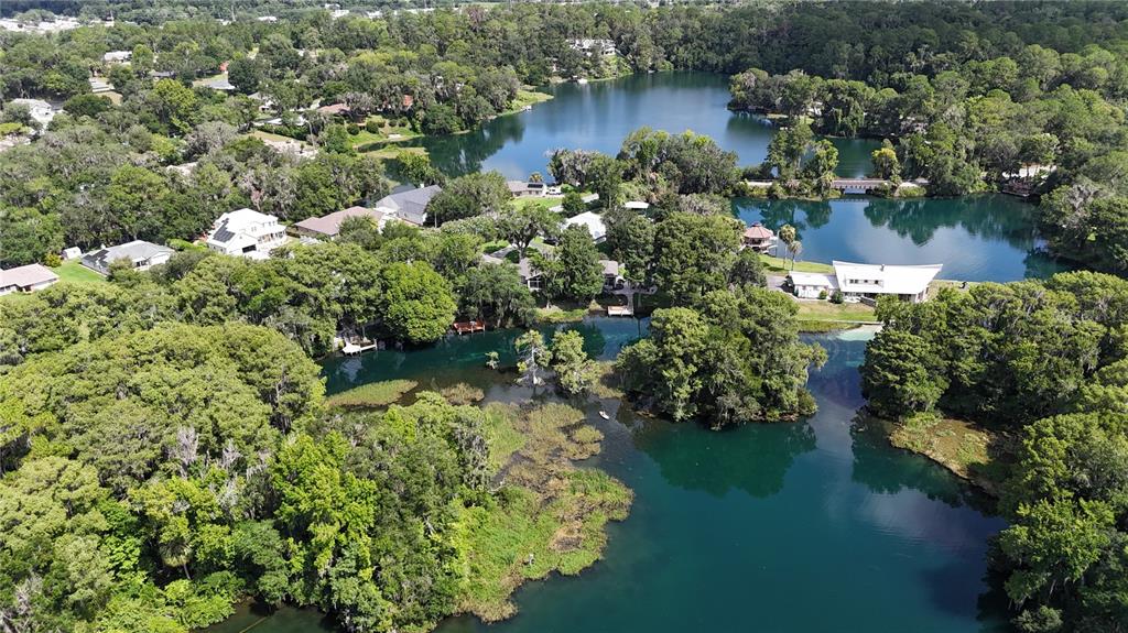 An aerial view shows houses nestled among dense trees surrounding a clear, blue spring-fed lake — 11685 E BLUE COVE DRIVE, DUNNELLON, FL