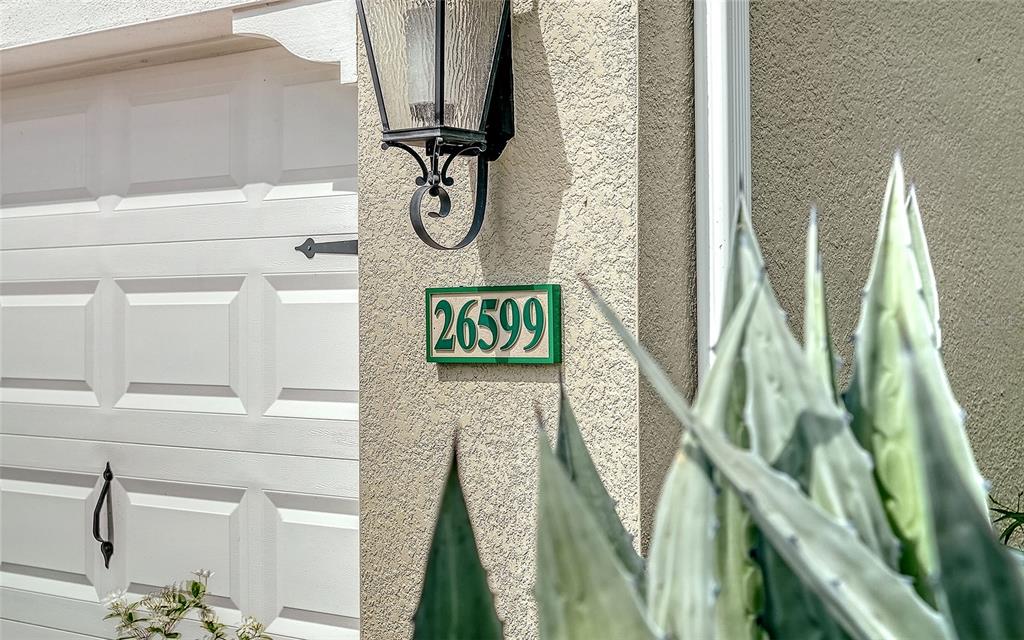 A house number plaque reading 26599 is mounted on a stucco wall beside a garage door — 26599 RAPHIS ROYALE BOULEVARD, ENGLEWOOD, FL