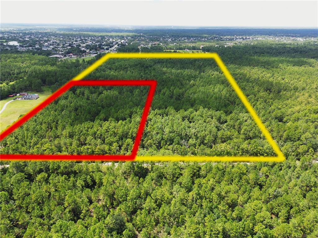 An aerial view shows a large, wooded plot of land outlined in yellow and red — 2220 OLD TRAIN ROAD, DELTONA, FL