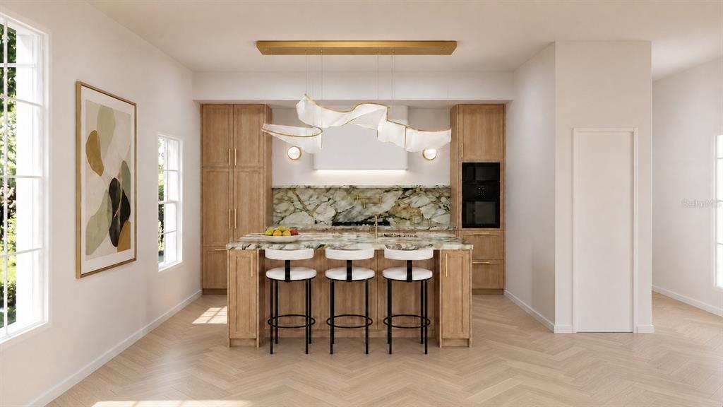 This is a rendering of a modern kitchen featuring wood cabinetry and a marble island — 826 32ND AVENUE N, ST PETERSBURG, FL