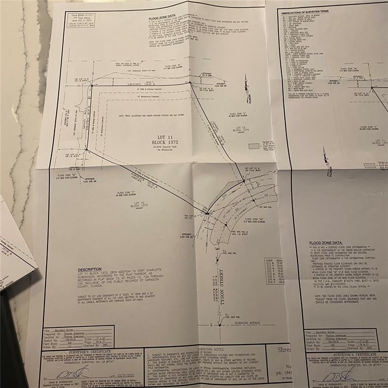 This is a land survey map showing the property boundaries and flood zone data — TEPEE AVENUE, NORTH PORT, FL