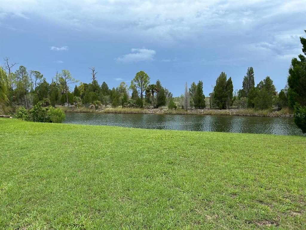 A grassy lawn overlooks a pond bordered by trees under a cloudy sky — 3335 CROAKER DRIVE, HERNANDO BEACH, FL
