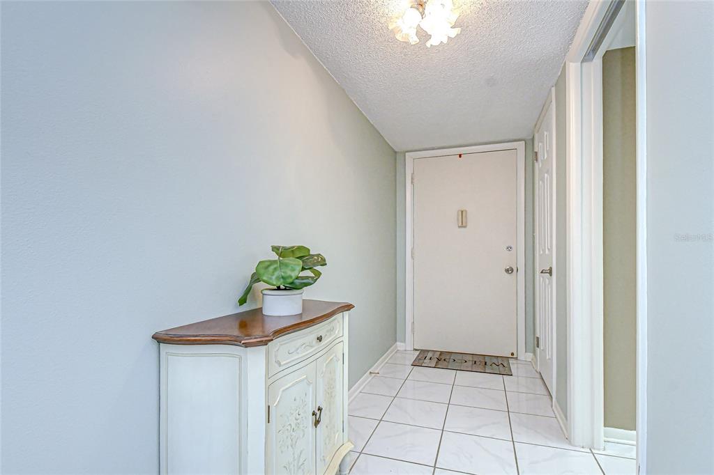An entryway features a white cabinet with a plant, tiled floors, and a front door — 5575 GULF BOULEVARD UNIT 323, ST PETE BEACH, FL