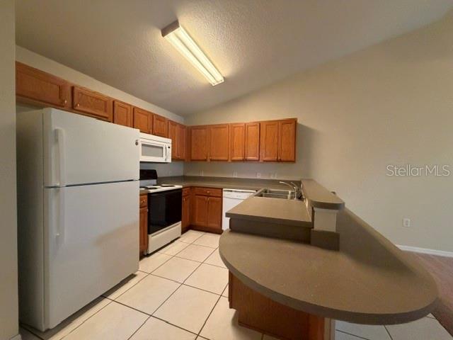 A kitchen features wood cabinets, a white refrigerator, and a curved breakfast bar — 33 E ST LOUIS AVENUE, EUSTIS, FL