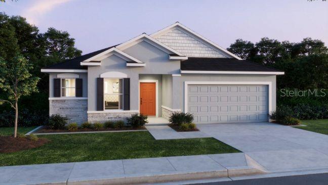 A digital rendering of a single-story suburban house with a gray exterior and orange door — 8600 OAKSTONE CIRCLE, LEESBURG, FL