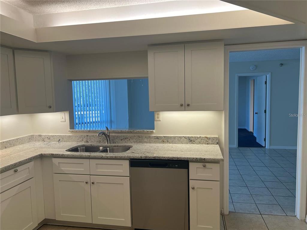 A kitchen features white cabinets, granite countertops, a stainless steel dishwasher, and a pass-through window — 690 ISLAND WAY UNIT 208, CLEARWATER, FL