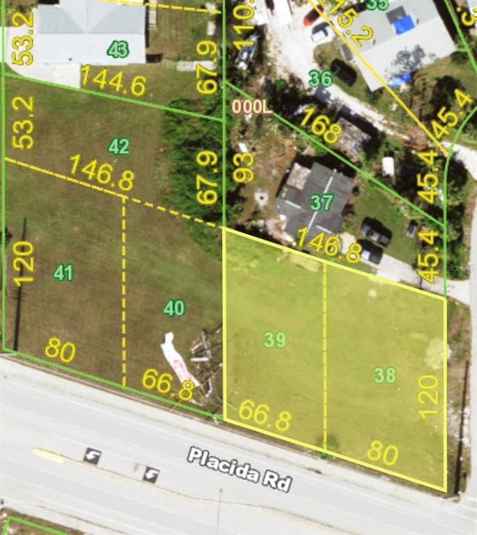 This is a property map showing two adjacent vacant lots highlighted in yellow — 4741 PLACIDA ROAD, ENGLEWOOD, FL