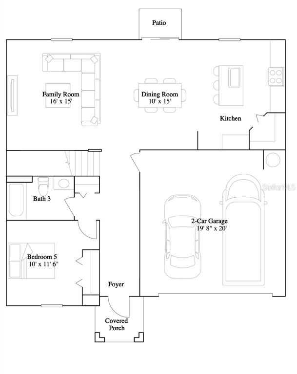 This is a floor plan of a first-floor layout featuring a garage, kitchen, and living area — 14311 NW 170TH AVENUE, ALACHUA, FL