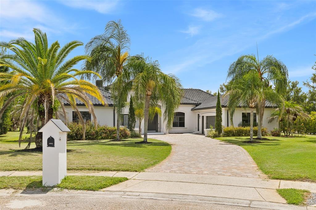 A single-story white house with a tiled roof, palm trees, and a paved driveway — 10352 BURRIS COURT, ORLANDO, FL