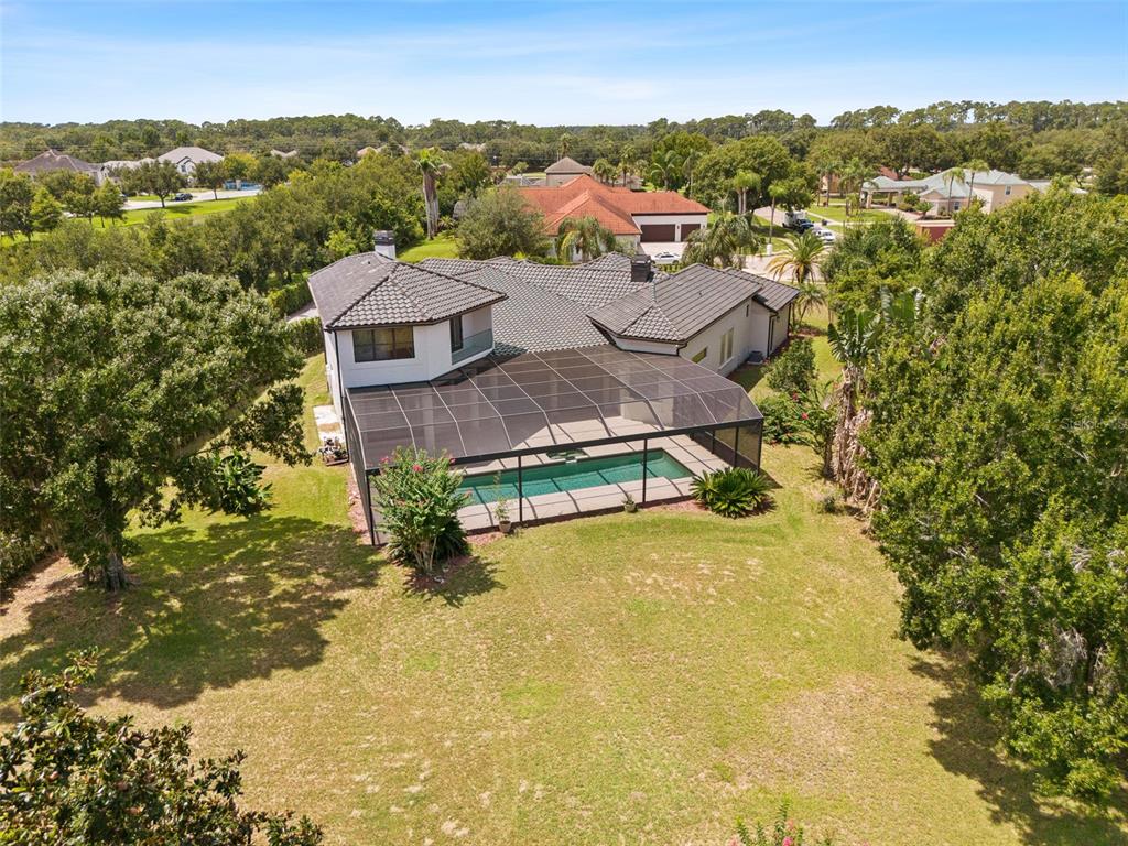 An aerial view shows a house with a screened-in pool and a large grassy backyard — 10352 BURRIS COURT, ORLANDO, FL