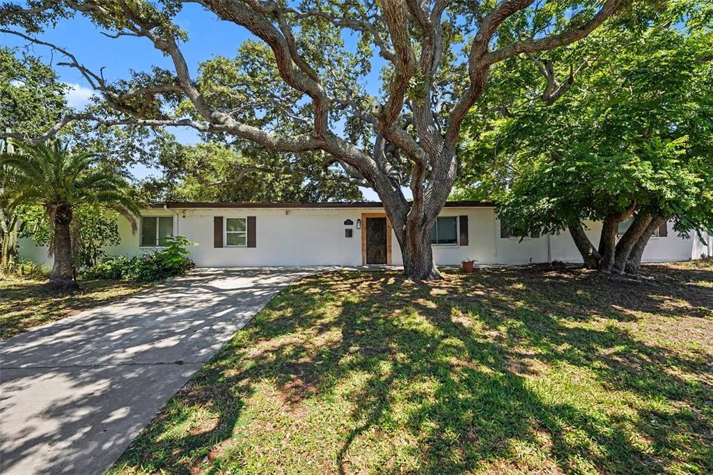A single-story white house with a concrete driveway and large mature trees in the yard — 217 GARDEN CIRCLE, BELLEAIR, FL