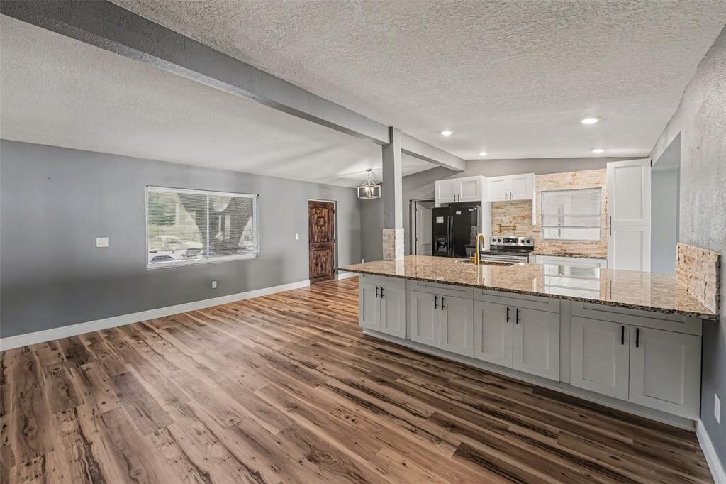 An open-concept kitchen and living area featuring grey walls, wood-look flooring, and granite countertops — 217 GARDEN CIRCLE, BELLEAIR, FL