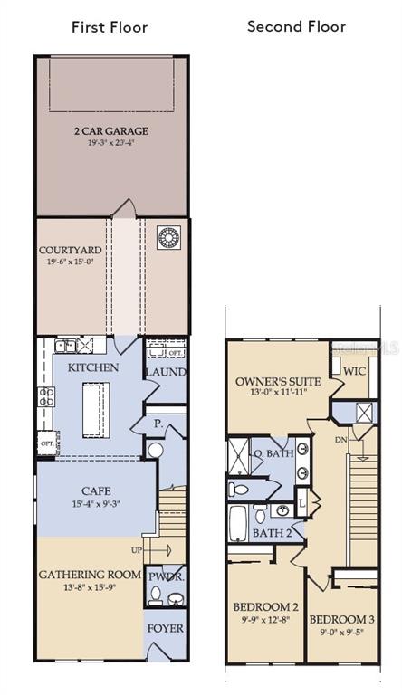 This is a two-story floor plan showing a garage, courtyard, kitchen, and three bedrooms — 15512 PEACEFUL PINES ALLEY, CLERMONT, FL