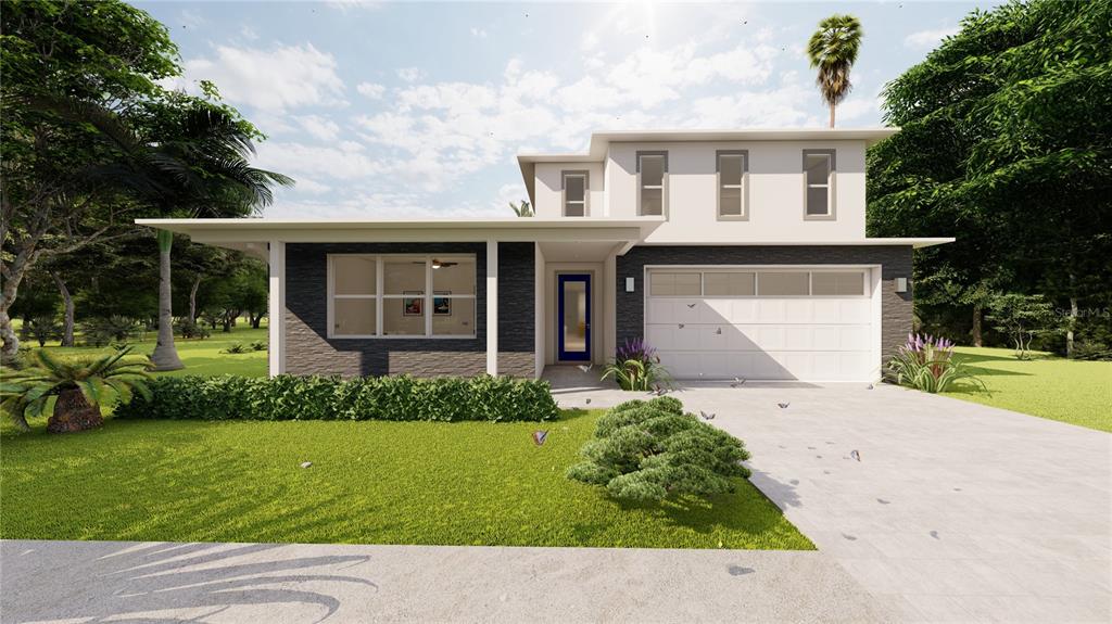 This is a digital rendering of a modern two-story house with a stone-accented exterior — 3889 WALKER ROAD, APOPKA, FL