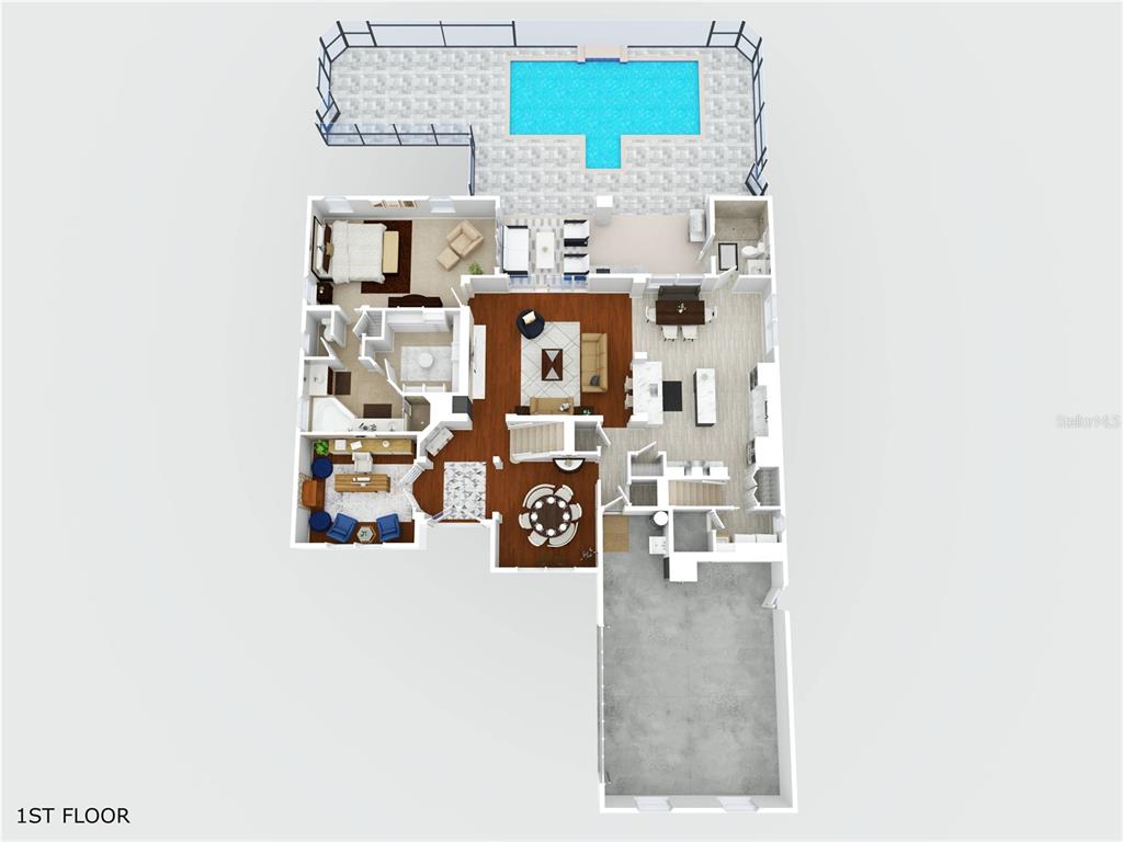 This is a 3D floor plan rendering of a home's first level with a pool — 1185 STELLAR DRIVE, OVIEDO, FL
