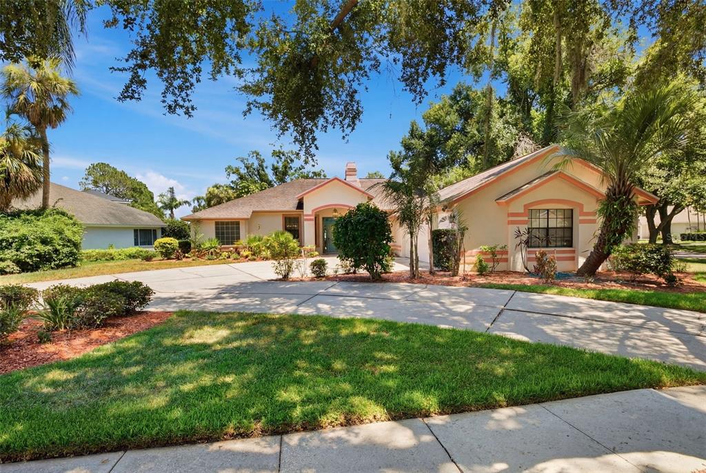 A single-story house with a beige exterior, peach trim, and a large concrete driveway — 16501 BLENHEIM DRIVE, LUTZ, FL