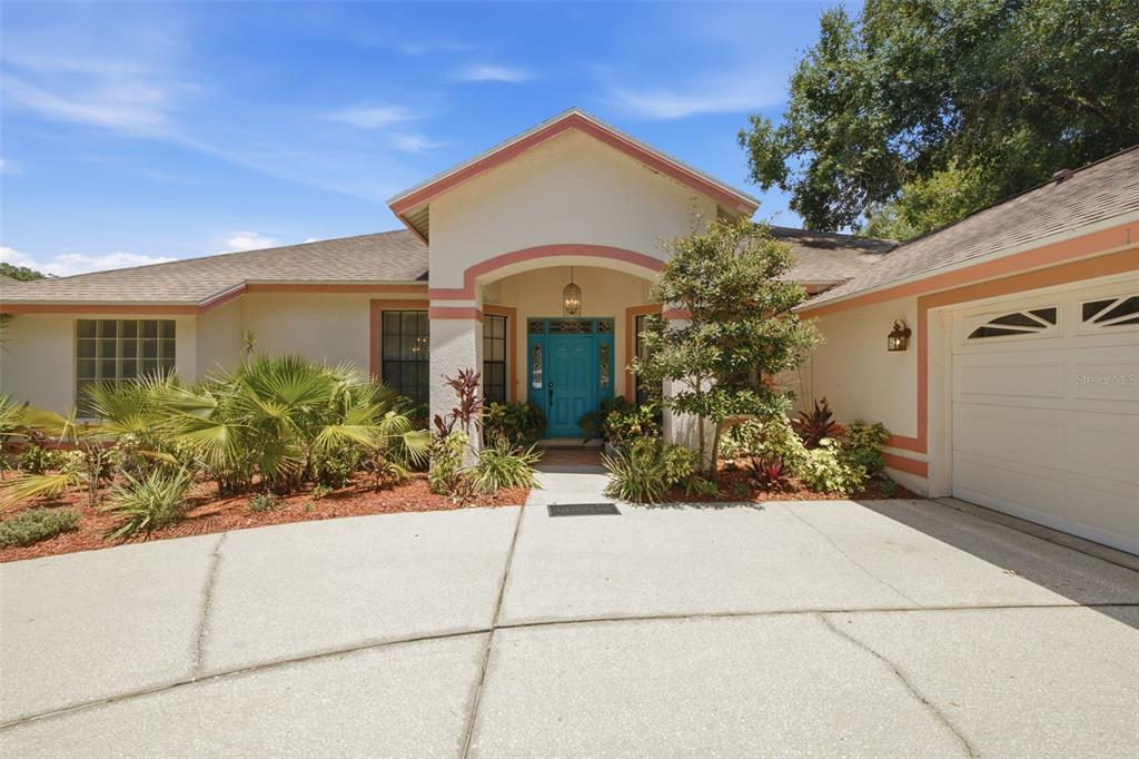 A single-story house with a teal front door, peach trim, and a concrete driveway — 16501 BLENHEIM DRIVE, LUTZ, FL