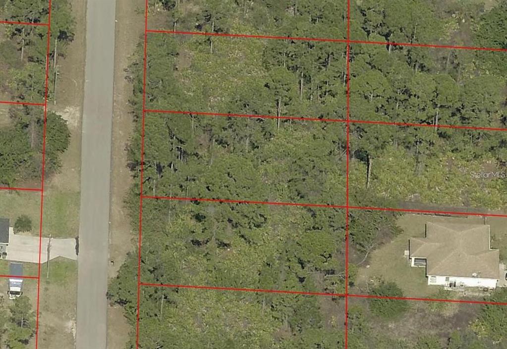 An aerial view shows several wooded residential lots outlined in red along a paved road — 2104 POLAR AVENUE, ALVA, FL