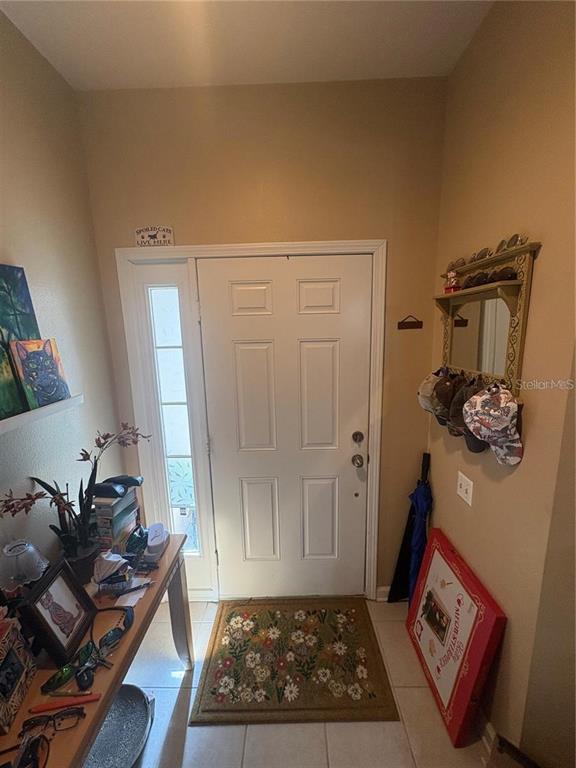 An entryway features a white front door, a side window, a console table, and a wall mirror — 4605 BARNSTEAD DRIVE, RIVERVIEW, FL