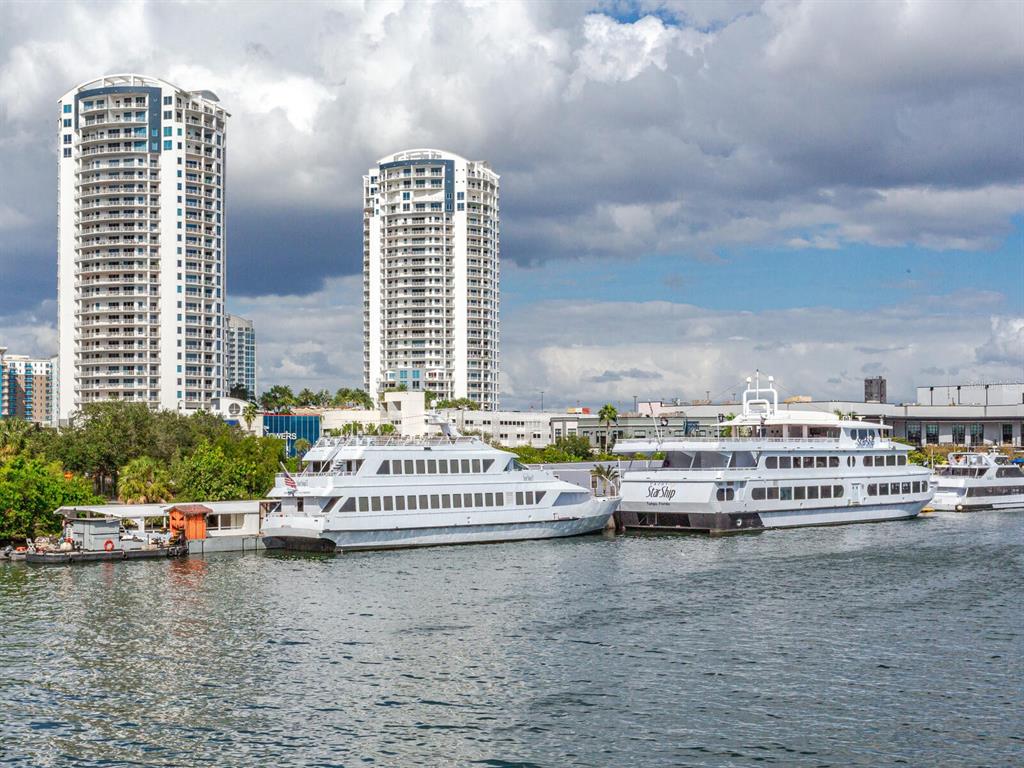 Two large white cruise ships are docked on a river in front of tall residential towers — 1209 E CUMBERLAND AVENUE UNIT 2902, TAMPA, FL