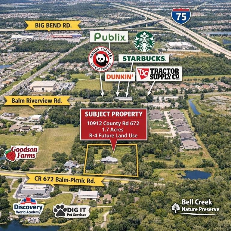 This aerial map shows a 1.7-acre property located near commercial businesses and a nature preserve — 10912 672 HIGHWAY, RIVERVIEW, FL
