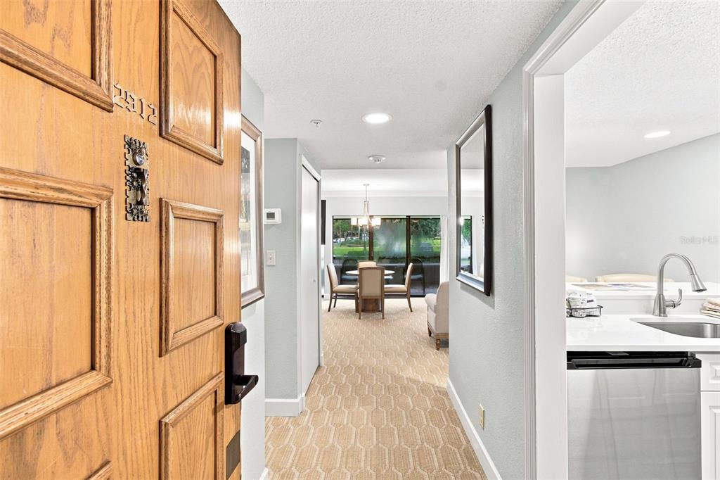 An entryway opens into a carpeted hallway leading toward a dining area with a window — 36750 US HIGHWAY 19 N UNIT 16204, PALM HARBOR, FL