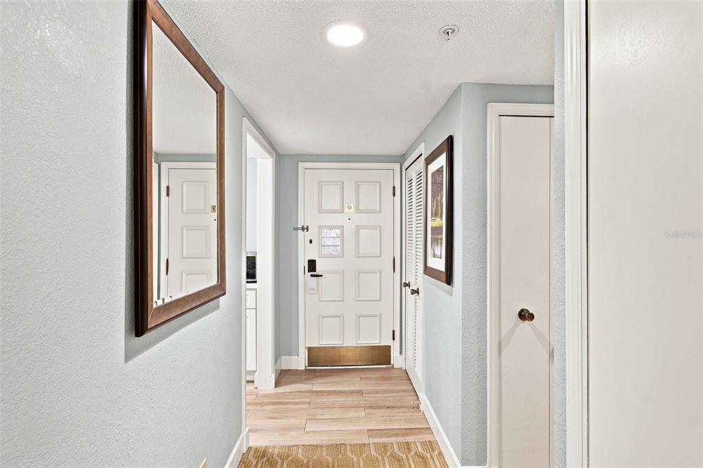 A hallway features light wood-look flooring, a white entry door, a mirror, and closet doors — 36750 US HIGHWAY 19 N UNIT 16204, PALM HARBOR, FL