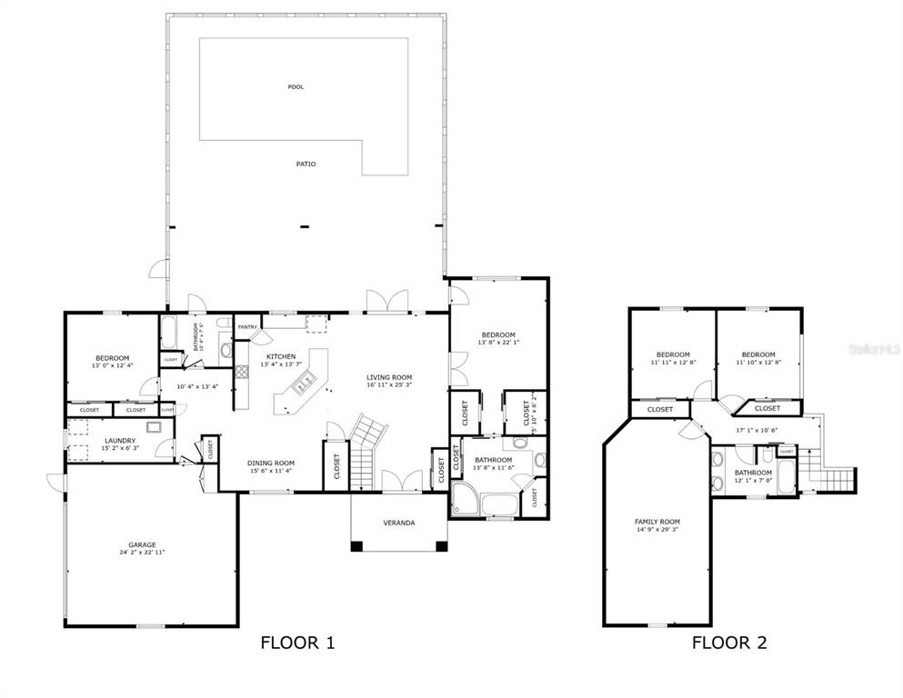 This floor plan shows a two-story house layout with a garage, pool, and patio — 10639 SE SUNSET HARBOR ROAD, SUMMERFIELD, FL