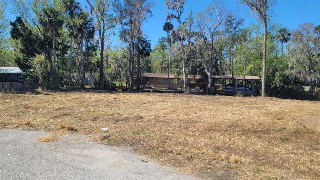 A vacant, grassy lot sits in front of a house partially obscured by trees — 55813 SAM STREET, ASTOR, FL
