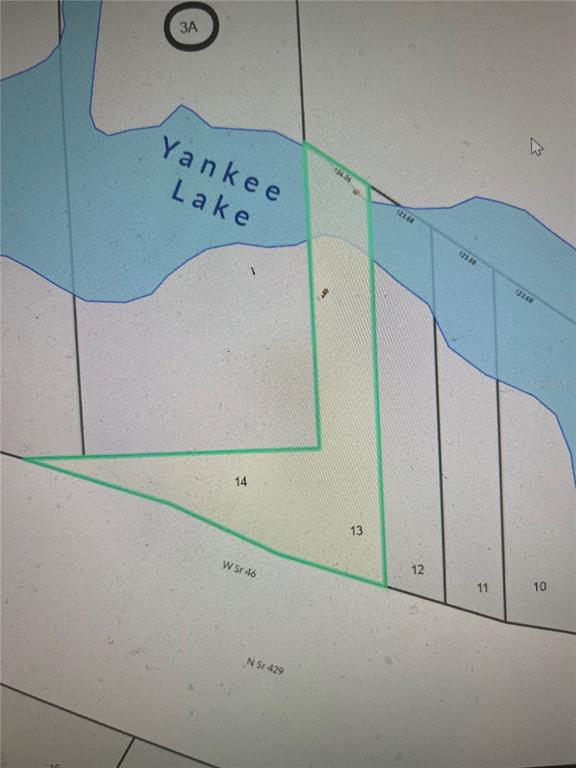 This is a property map showing two adjacent land parcels bordering Yankee Lake — 7360 W 46 SR, SANFORD, FL