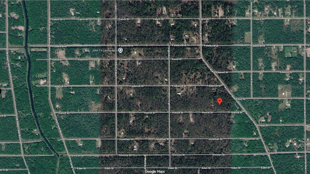 This is a satellite map view of a wooded residential area with a red location pin — 4530 HAROLD STREET, HASTINGS, FL
