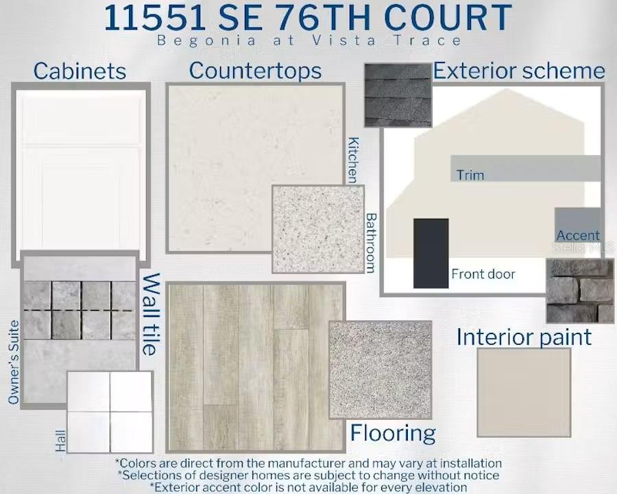 This design board displays material and color selections for home cabinets, countertops, flooring, and exterior finishes — 11551 SE 76TH COURT, BELLEVIEW, FL