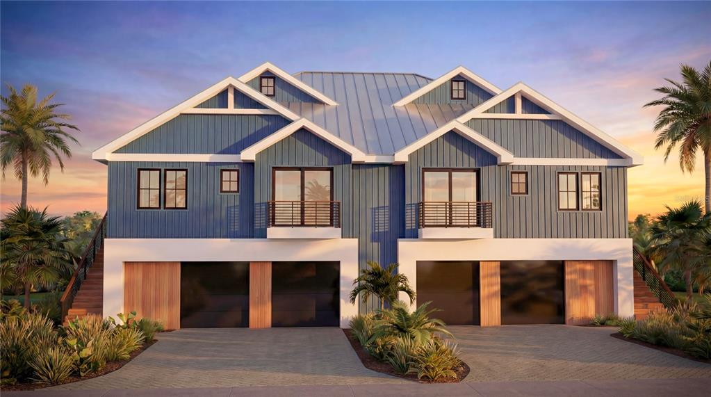 A digital rendering of a two-story duplex with blue siding, a metal roof, and garages — 311 59TH STREET UNIT B, HOLMES BEACH, FL