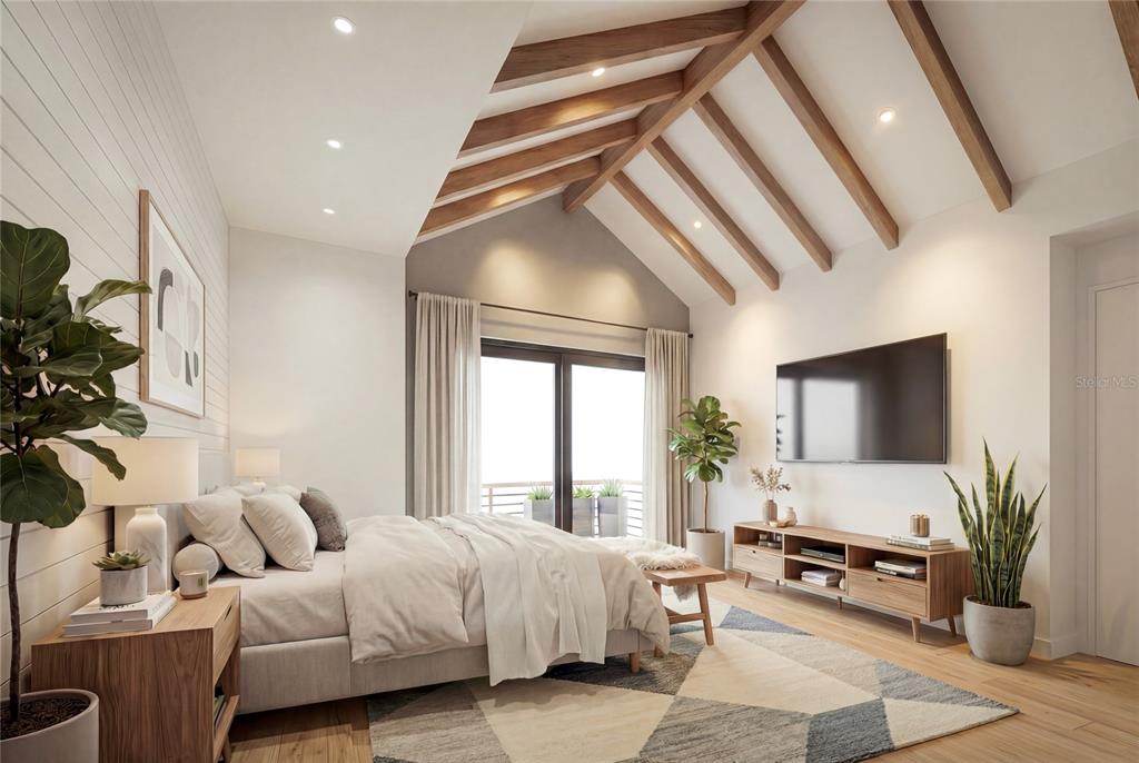 This is a rendering of a bedroom featuring a vaulted ceiling with exposed wood beams — 311 59TH STREET UNIT B, HOLMES BEACH, FL