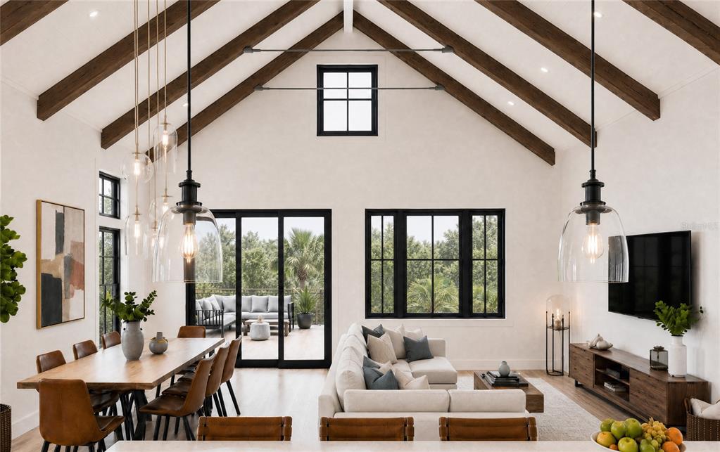 This rendering shows an open-concept living and dining area with vaulted ceilings and exposed beams — 311 59TH STREET UNIT B, HOLMES BEACH, FL
