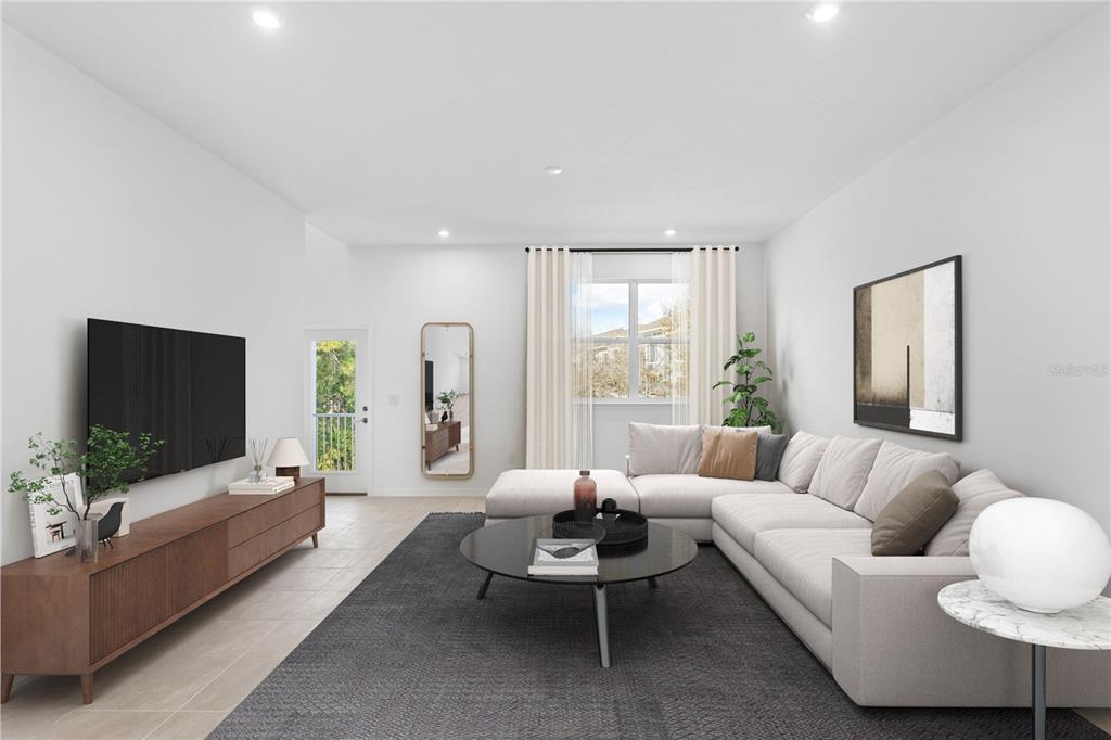 This is a digital rendering of a modern living room featuring a sectional sofa and television — 9607 MONTAGUE STREET, WESTCHASE, FL
