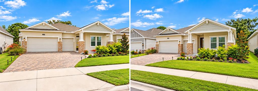 Two identical suburban houses with paved driveways and manicured lawns are shown side-by-side — 2155 RIDER RAIN LANE, APOPKA, FL