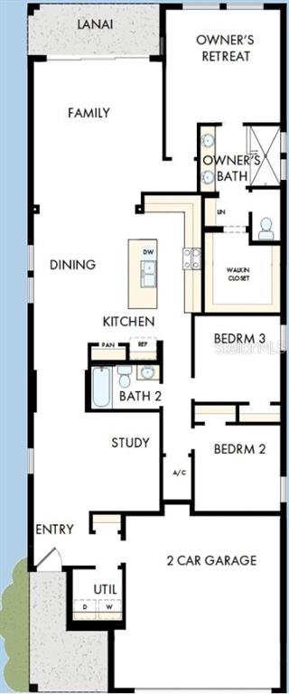 A modern kitchen with white cabinets, a central island, and light wood-look flooring — 31232 PENDLETON LANDING CIRCLE, WESLEY CHAPEL, FL