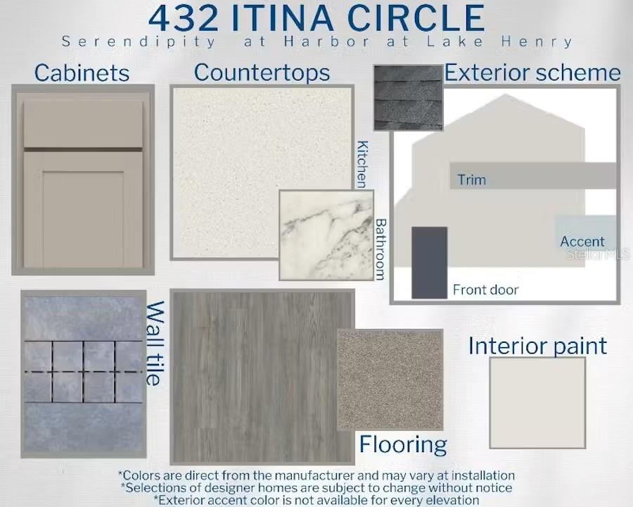 This design board displays material and color samples for home cabinetry, countertops, flooring, and exterior — 432 ITUNA CIRCLE, WINTER HAVEN, FL
