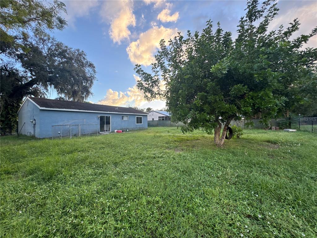 The backyard of a blue house features a large tree and a grassy lawn — 4005 CASCADE LANE, LABELLE, FL