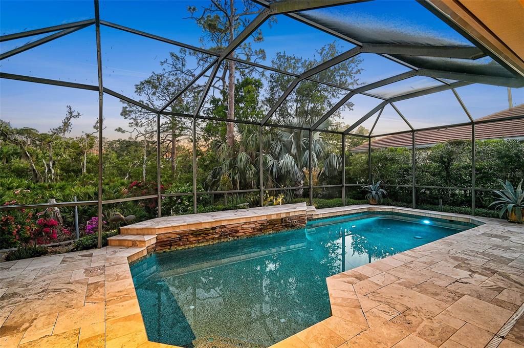 A screened-in swimming pool with a stone water feature and travertine decking overlooks lush greenery — 13 BAYHEAD LANE, OSPREY, FL