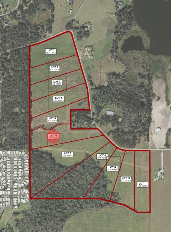 This is an aerial map showing eleven subdivided land lots with their respective acreage — BAYHEAD ROAD Lot 6, DADE CITY, FL