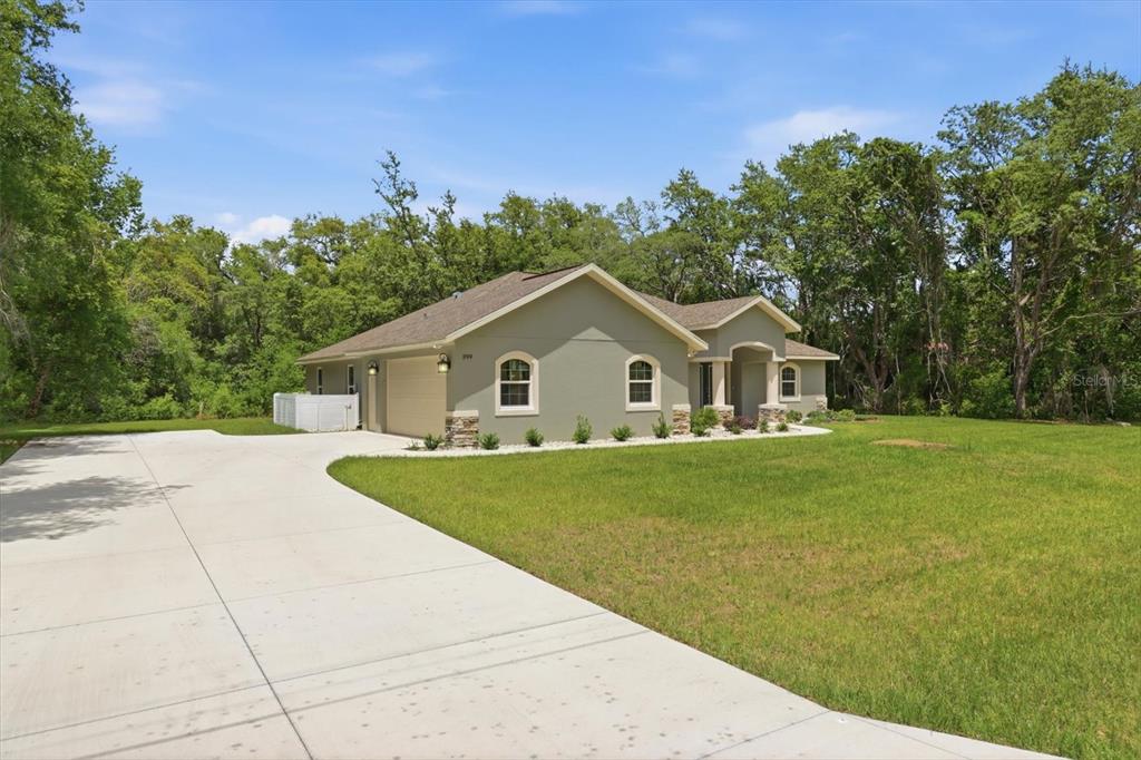 A single-story house with a light green exterior, stone accents, and a concrete driveway — 399 W MASSACHUSETTS STREET, HERNANDO, FL
