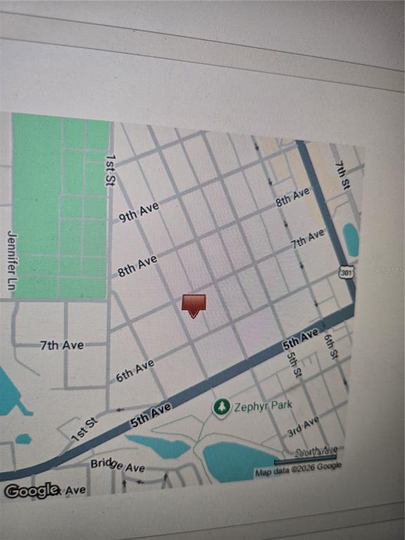 This is a map showing a red location pin in a residential neighborhood near Zephyr Park — 5208 3RD STREET, ZEPHYRHILLS, FL