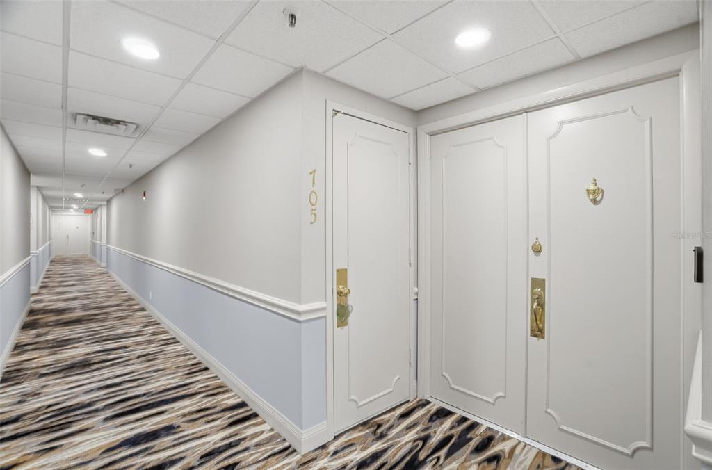 A long hallway with patterned carpet leads to two white doors in a residential building — 6 BELLEVIEW BOULEVARD UNIT 705, BELLEAIR, FL