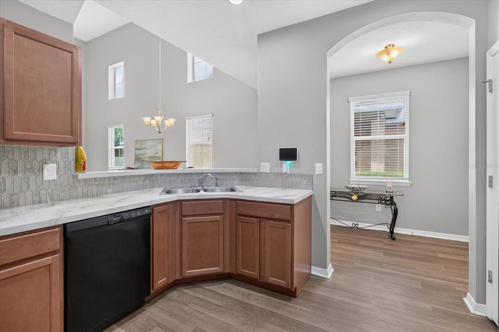 A kitchen with wood cabinets, a black dishwasher, and a gray tiled backsplash — 2169 BROADWAY VIEW AVENUE, BRANDON, FL