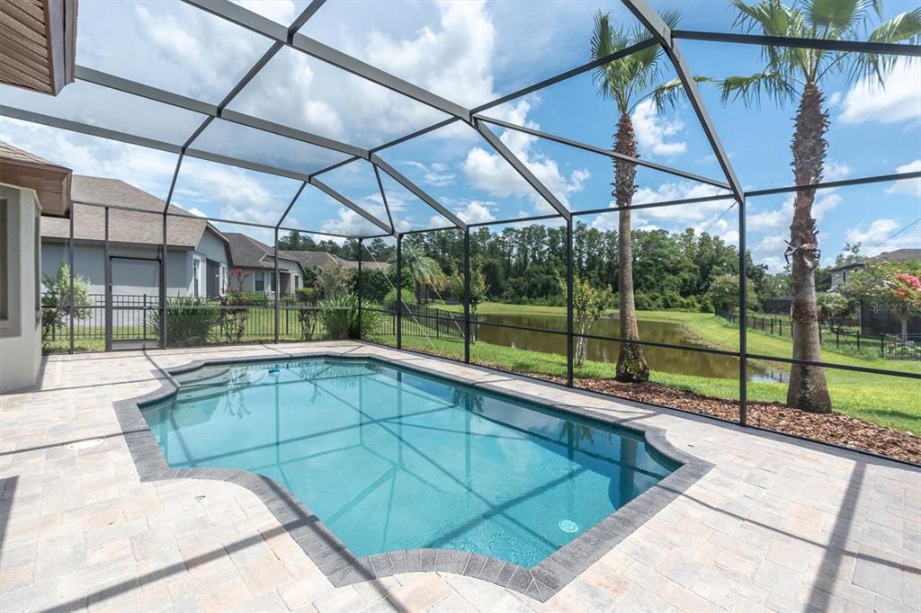 A screened-in swimming pool with a paver deck overlooks a pond and palm trees — 8454 MAY PORT COURT, LAND O LAKES, FL