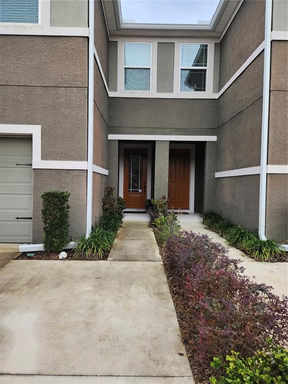 The exterior of a two-story townhouse features a concrete driveway, two front doors, and landscaping — 5508 VIOLA LEE WAY, LUTZ, FL