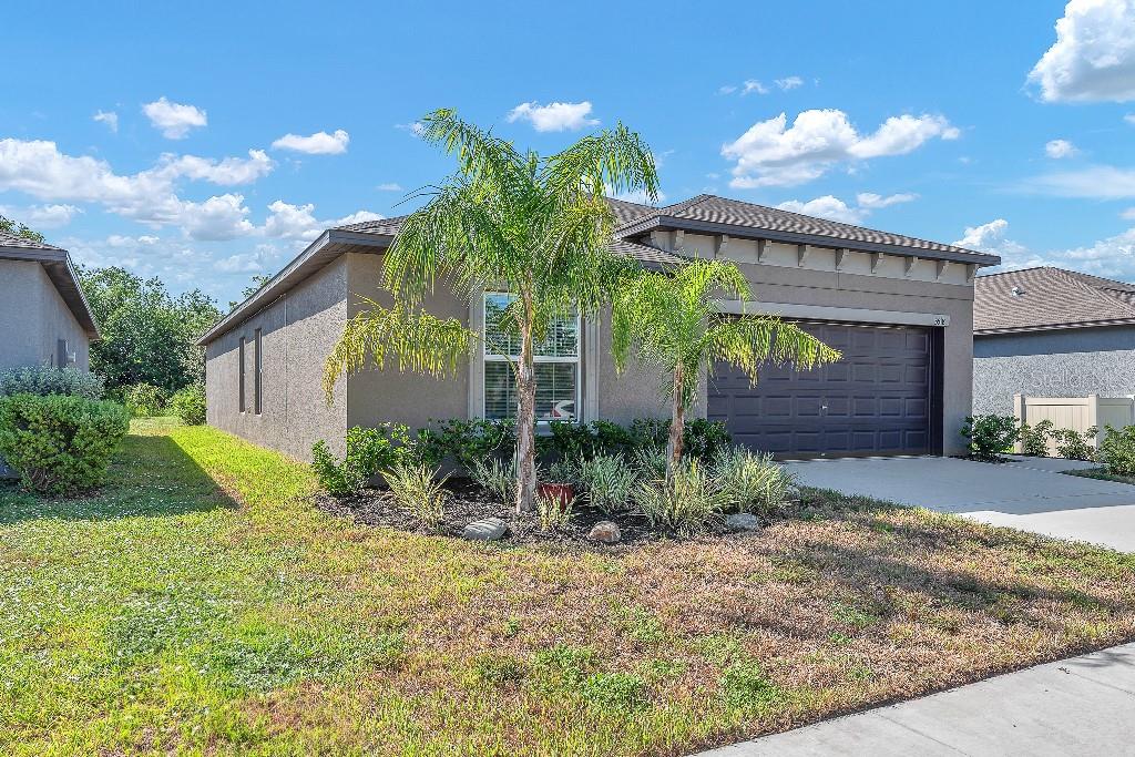 A single-story house with a brown garage, two palm trees, and a grassy front yard — 5518 BLUE AZURE DRIVE, WIMAUMA, FL